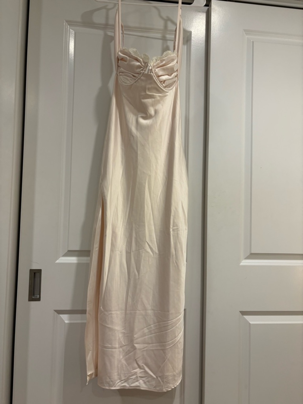 Cream Satin Slip Dress with Lace Trim